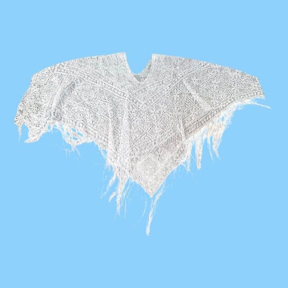 Handcrafted White Crochet Lace Shawl Wrap w Fringe Cape Sweater Overlay One Size - Picture 8 of 8